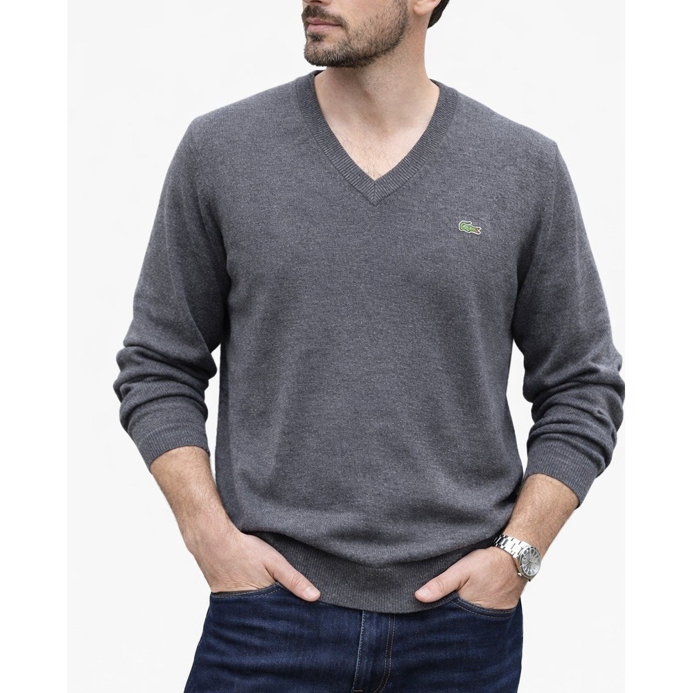 Lacoste Wool Blend V Neck Sweater Gray XL Crocodile Logo Pullover Men